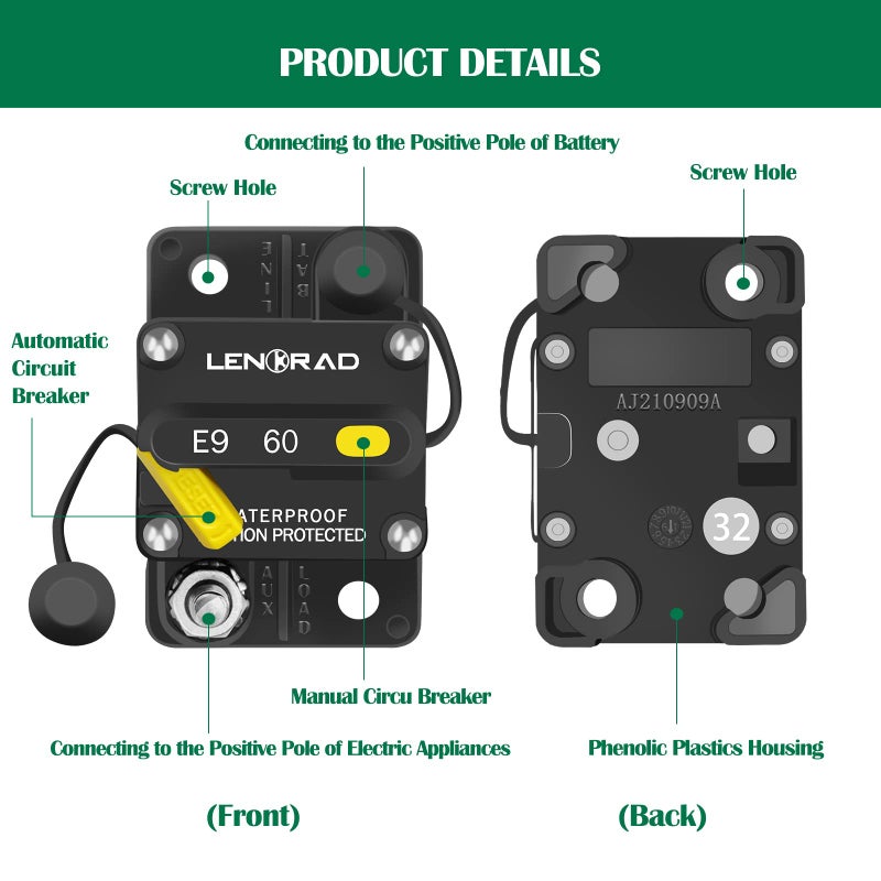 LENKRAD 60amp Marine Circuit Breaker Resettable 60A with Manual Reset Switch Button for Boat Trolling RV Yacht, 12V - 48V DC, Waterproof, Surface Mount(60 Amp Boat Circuit Breaker) - Image 5